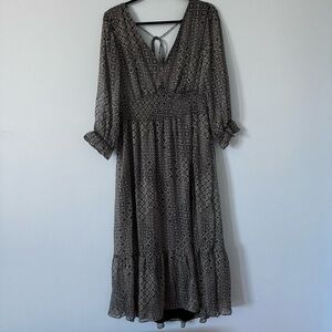 Dex Black & White Boho Maxi Dress – Smocked Waist, V-Neck, XL